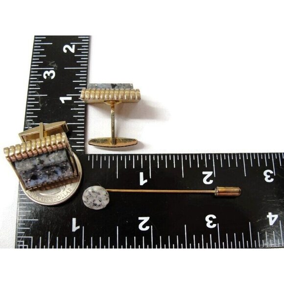 Vintage Blue Marble Gold Tone Vintage Cufflink Set with Stick Pin - Picture 6 of 12